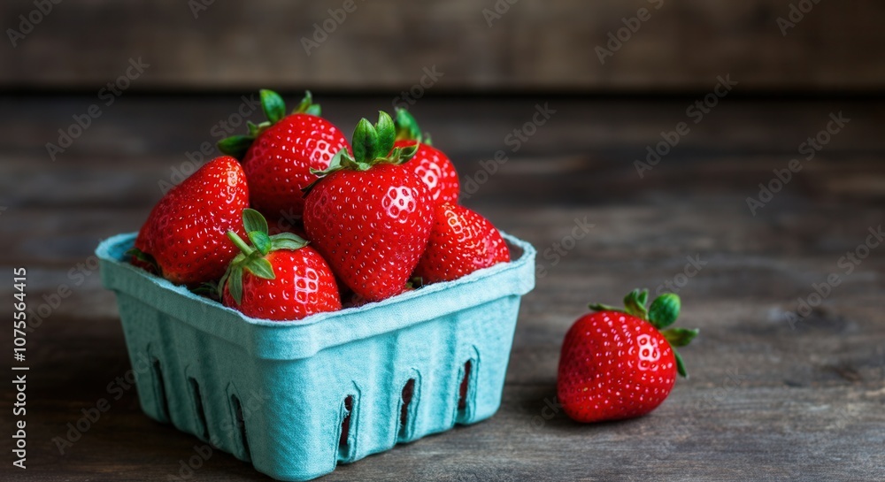 Fresh ripe strawberries in blue carton on wooden background