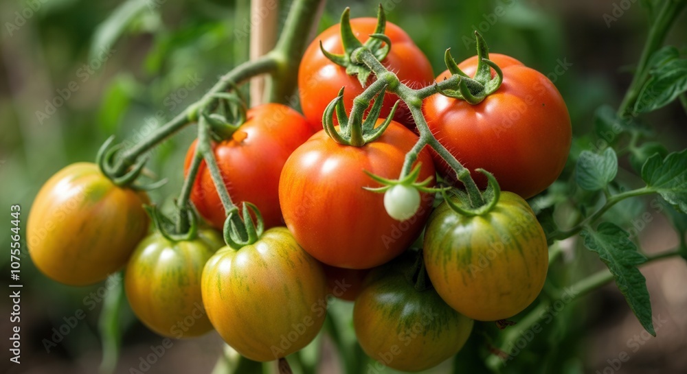 Fresh ripe tomatoes on vine in garden Fresh ripe tomatoes on vine in garden