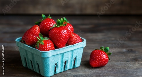 Obraz na płótnie Fresh ripe strawberries in blue carton on wooden background w salonie