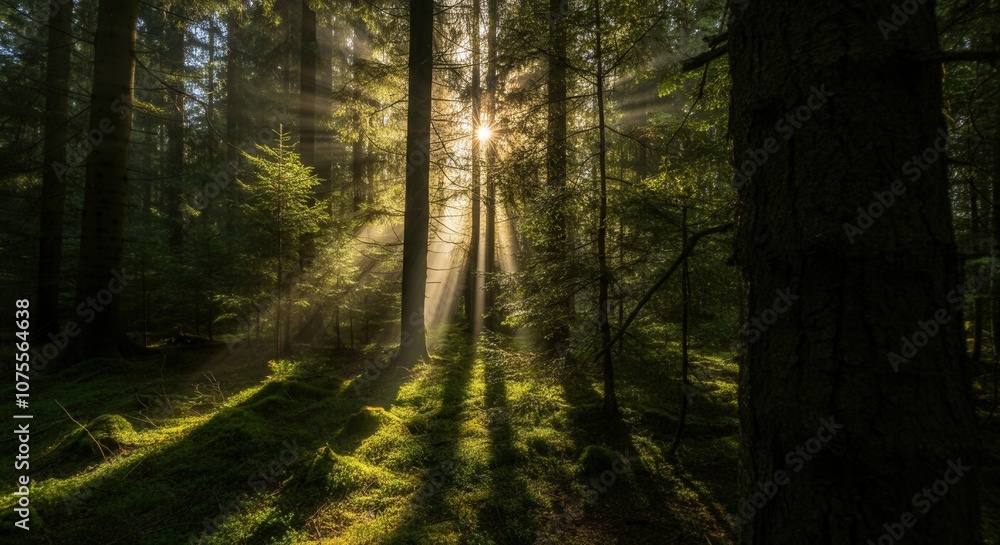 Obraz premium Enchanting sunlight piercing trees