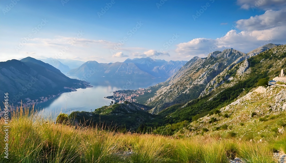  A grassy mountain slope rises to reveal the Adriatic Sea and distant coastline near the Bay_1(321)