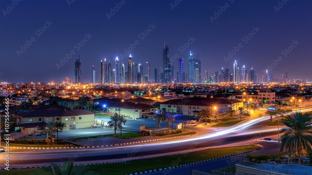 Obraz premium Vibrant City Skyline at Night with Illuminated Buildings