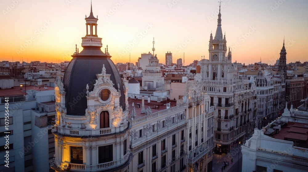 Fototapeta premium Historic Architecture at Sunset in Madrid Cityscape