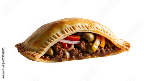 A single, golden-brown empanada filled with savory ground beef, red onion, bell peppers, and green olives.