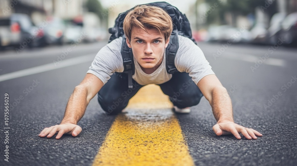 Fototapeta premium Young Man Crawling on Urban Street