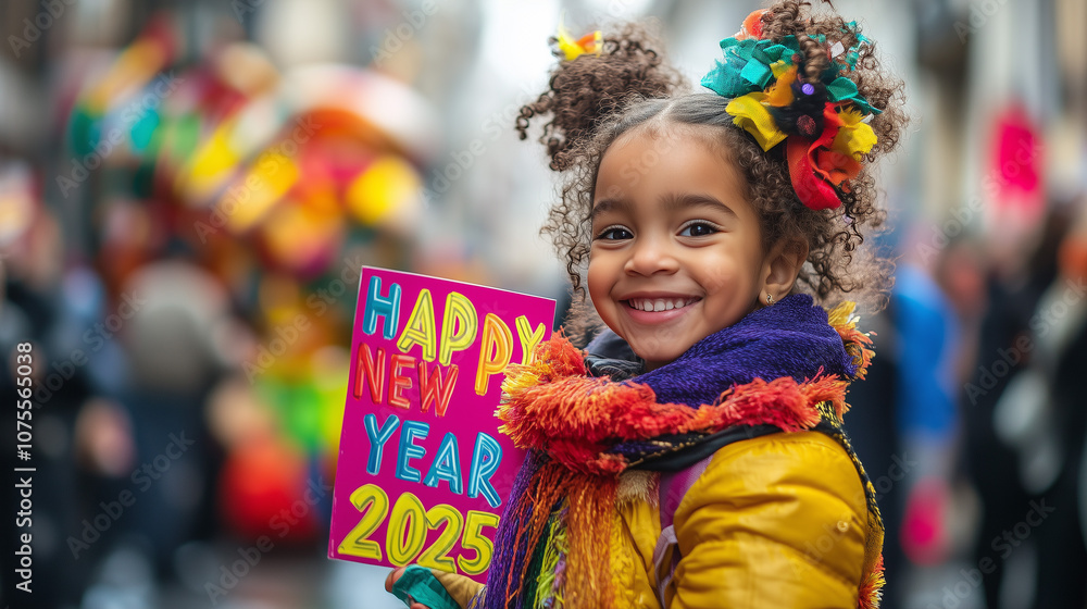 A cheerful child holding a HAPPY NEW YEAR 2025 sign parade surrounded by colorful floats and festive crowd A cheerful child holding a HAPPY NEW YEAR 2025 sign parade surrounded by colorful floats and festive crowd