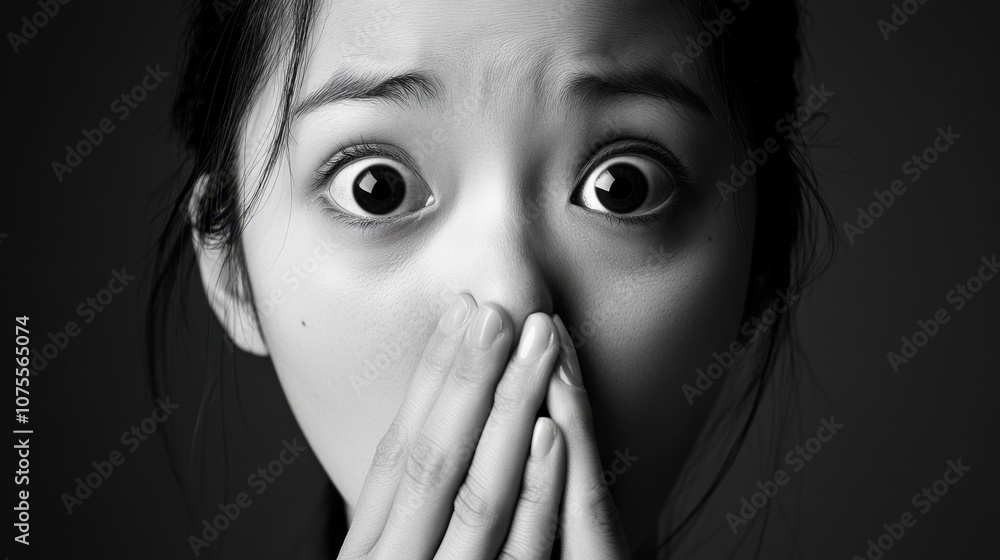 Shocked Expression of Young Woman in Black and White Shocked Expression of Young Woman in Black and White