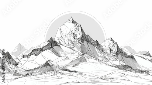 Mountain range with a large mountain in the middle. The mountain is surrounded by a circle flat vector illustration