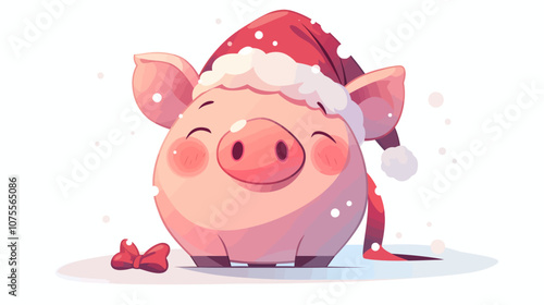 Pig wearing a Santa hat. The pig is smiling and has a bow around its neck. The hat is red and white flat vector illustration