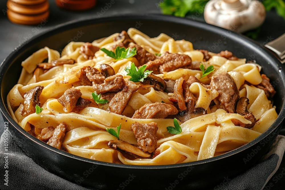 Close-up of creamy mushroom pasta with parsley garnish on a black plate.. Beautiful simple AI generated image Close-up of creamy mushroom pasta with parsley garnish on a black plate.. Beautiful simple AI generated image