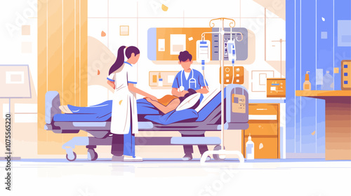 Woman is laying on a hospital bed. A nurse is standing next to her. Another nurse is standing behind them flat vector illustration