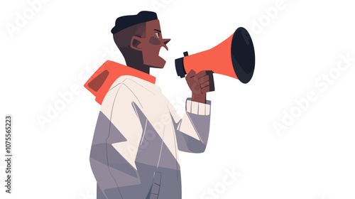 Man is holding a microphone and yelling into it. He is wearing a white jacket. The microphone is orange flat vector illustration