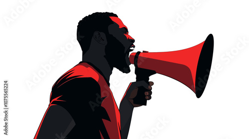 Man is holding a megaphone and yelling. The megaphone is red. The man is wearing a red shirt flat vector illustration