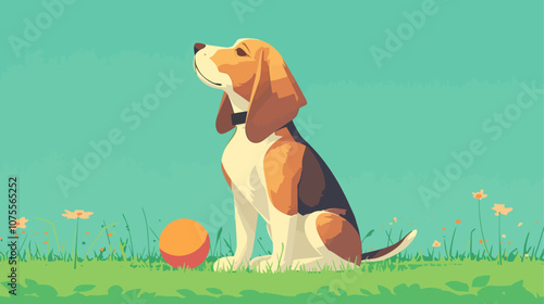Cute beagle dog is sitting on the grass, staring at a bright orange ball in front of it flat vector illustration