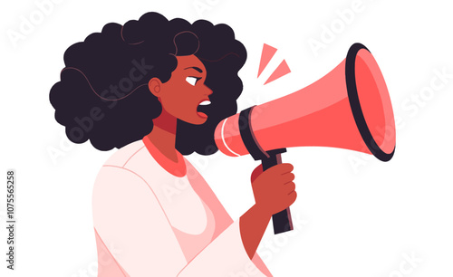 Woman with a big red microphone. She is angry flat vector illustration