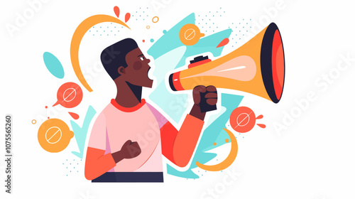 Man is holding a microphone and yelling. The background has a lot of different shapes and colors flat vector illustration