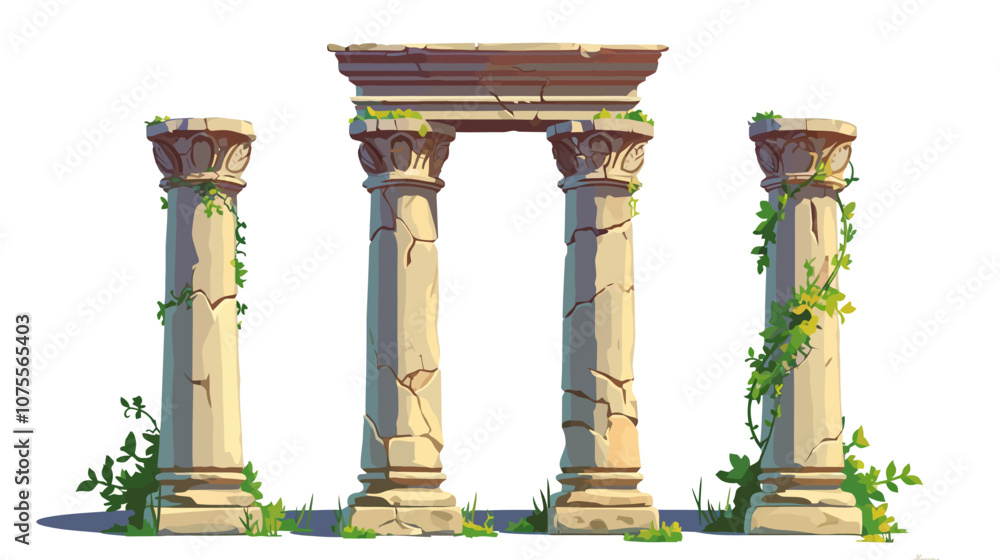 Naklejka premium Three pillars with a doorway in the middle. The pillars are old and have moss growing on them flat vector illustration