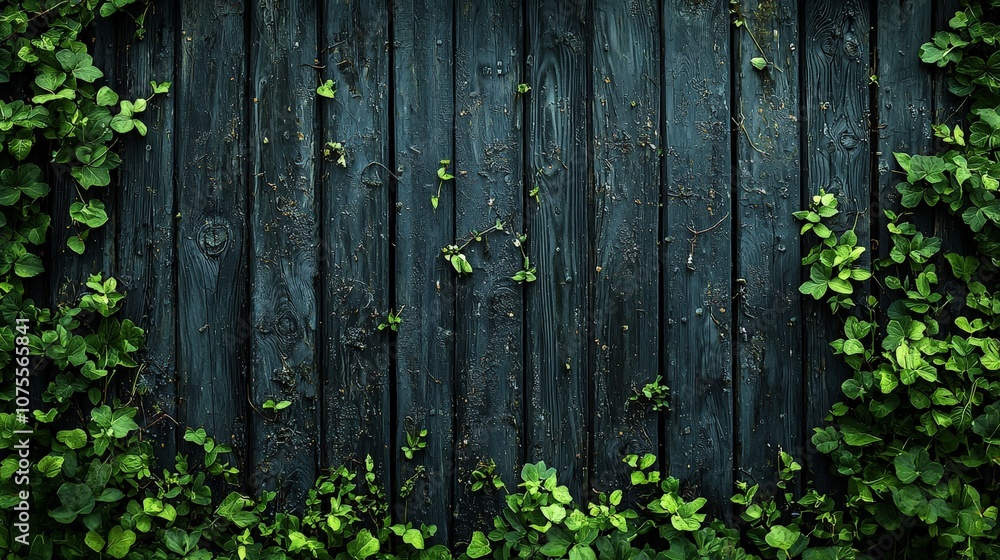 A textured wooden wall with green ivy leaves framing the edges. A textured wooden wall with green ivy leaves framing the edges.