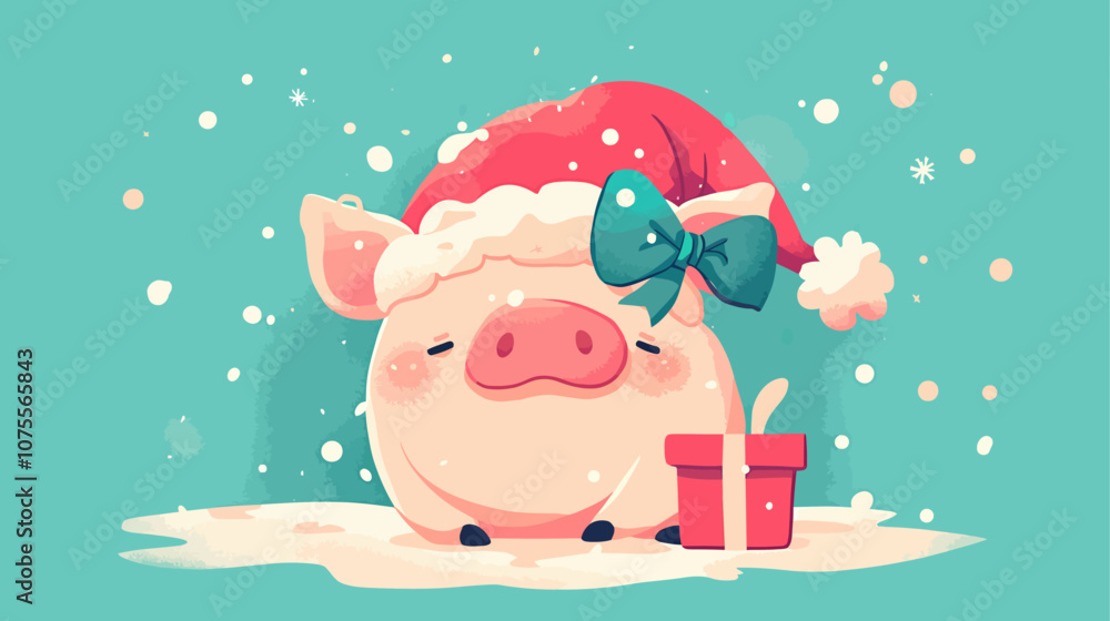 Naklejka premium Pig wearing a Santa hat and bow. The pig is laying on the ground next to a red box flat vector illustration