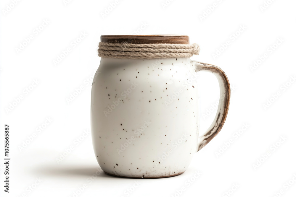 Ceramic mug with a wooden lid and twine, showcasing minimalist design on a clean background. Generative AI Ceramic mug with a wooden lid and twine, showcasing minimalist design on a clean background. Generative AI