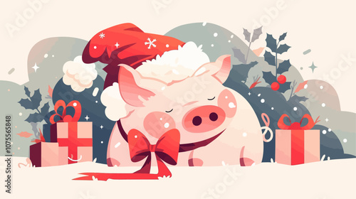 Pig is sleeping in a Christmas hat. There are two presents in front of the pig. One is on the left flat vector illustration