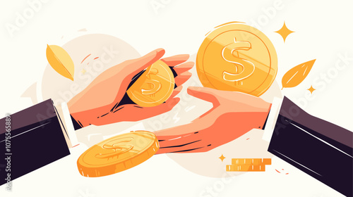 Two people are holding coins and one of them is giving a coin to the other. The coin being given is a gold one flat vector illustration