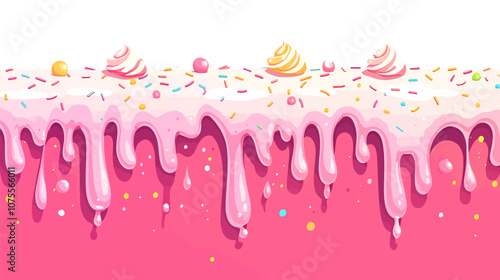 Pink background with a white line of frosting and sprinkles. The sprinkles are in different colors and sizes flat vector illustration