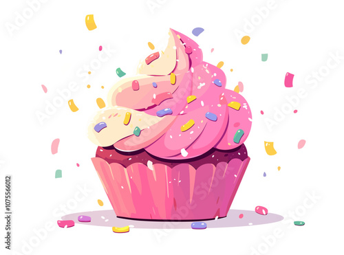 Pink cupcake with sprinkles on top. The sprinkles are in different colors flat vector illustration