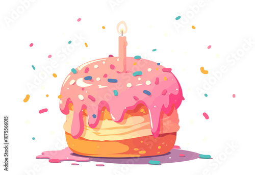 Pink frosted cake with sprinkles and a candle on top. The cake is on a white background flat vector illustration