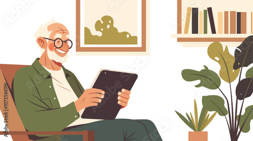 Man is sitting in a chair and reading a tablet. He is smiling. There is a potted plant in the background flat vector illustration