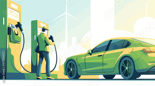 Man is filling up his car at a gas station. The car is green flat vector illustration