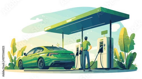Man is filling up his electric car at a charging station. The car is green and is parked next to a green gas station flat vector illustration