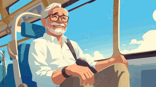 Man is sitting in a train car. He is wearing glasses and a white shirt. He is smiling flat vector illustration