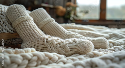 Whist Knitted Socks on Wooden Bed