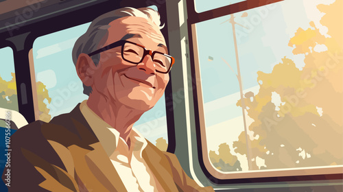 Man is sitting in a train with his head tilted back and smiling. He is wearing glasses and a jacket flat vector illustration