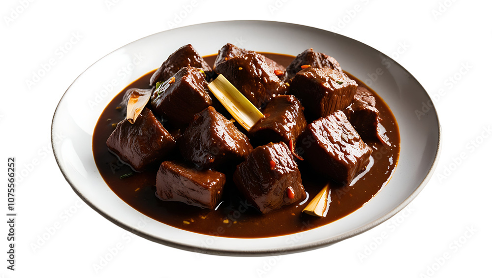 A white plate with a savory, brown, braised tofu dish with lemongrass and chili peppers. A white plate with a savory, brown, braised tofu dish with lemongrass and chili peppers.