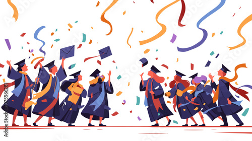 Group of people in graduation gowns are walking across a stage. One of the people is holding a graduation cap flat vector illustration