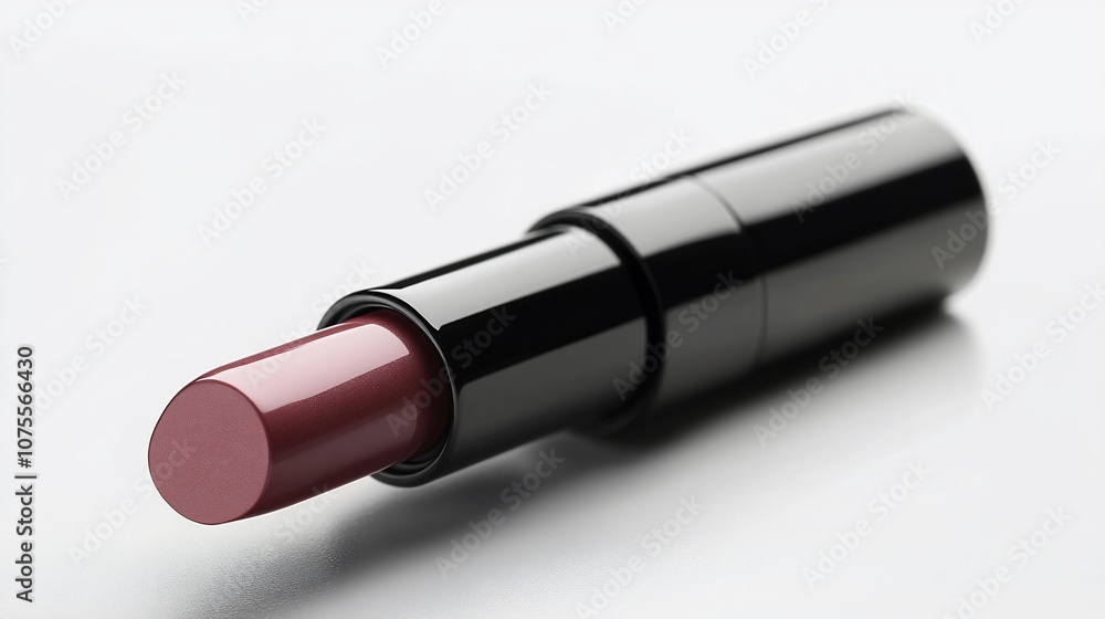 A single lipstick in a black tube with a mauve color on a white background. A single lipstick in a black tube with a mauve color on a white background.
