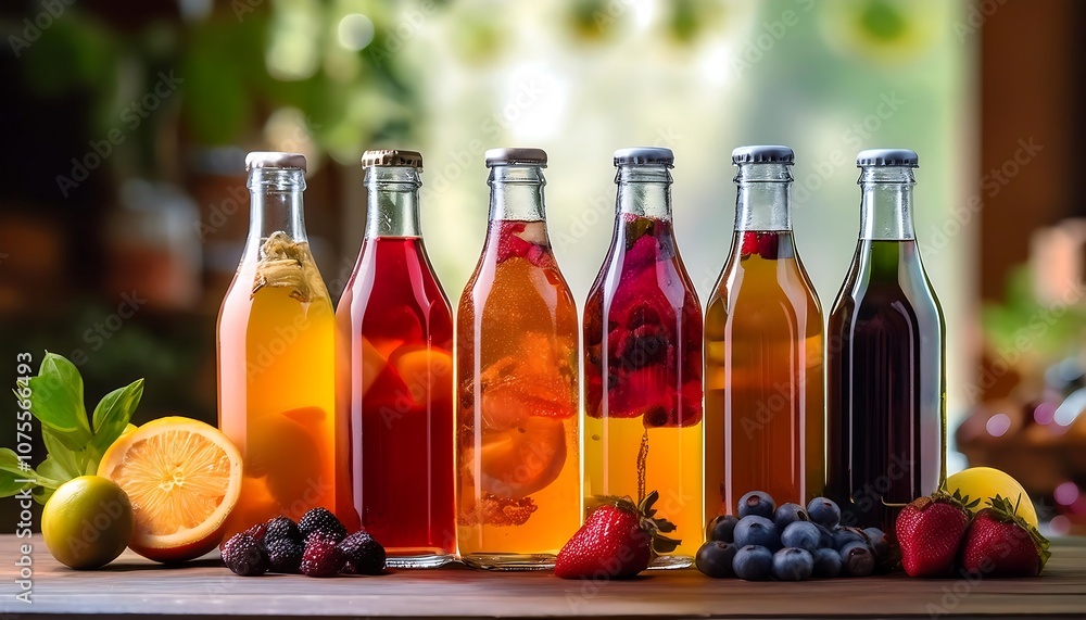 A fizzy kombucha tea is bottled with various colorful fruit flavors and bubbly texture for _1(266) A fizzy kombucha tea is bottled with various colorful fruit flavors and bubbly texture for _1(266)