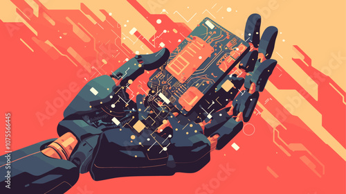 Hand holding a computer chip. The hand is made of metal and is holding a small computer chip flat vector illustration