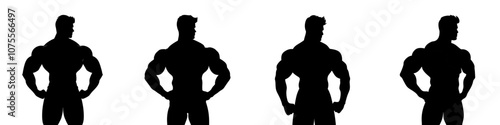 Four powerful muscular male silhouettes in heroic stances, exuding strength and dominance. Generative AI.