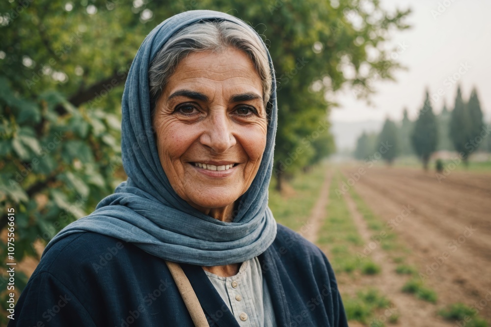 Close portrait of a smiling senior Iranian female farmer standing and looking at the camera, outdoors Iranian rural blurred background Close portrait of a smiling senior Iranian female farmer standing and looking at the camera, outdoors Iranian rural blurred background