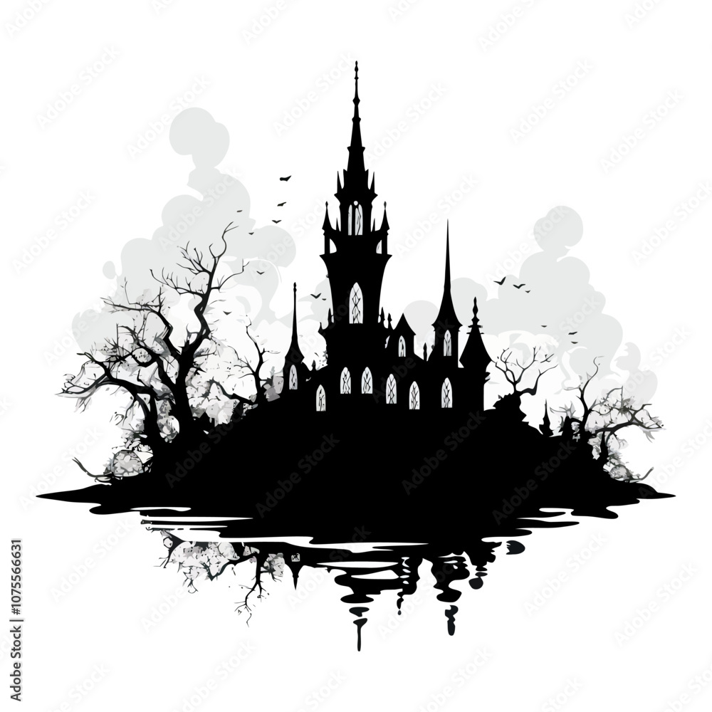 Fototapeta premium Haunted castle silhouette with twisted trees and a misty atmosphere, perfect for spooky themes. Generative AI.