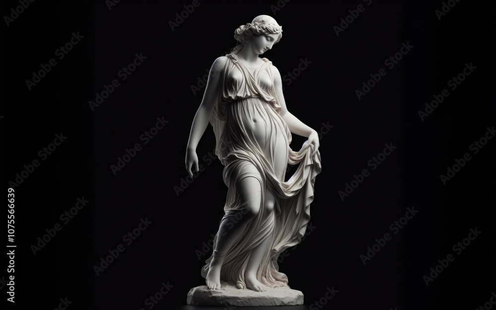Classical marble sculpture of a female figure in flowing drapery, head tilted downward in contemplative pose against dark background, embodying grace and melancholy Classical marble sculpture of a female figure in flowing drapery, head tilted downward in contemplative pose against dark background, embodying grace and melancholy