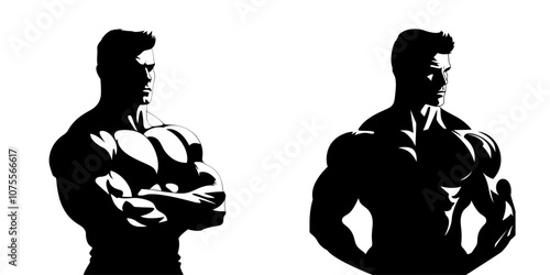 Detailed male muscle silhouettes with bold shadows, illustrating strength and definition. Generative AI.