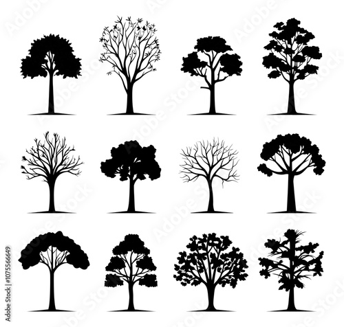 Various tree silhouettes, some bare and some with lush leaves, offering diverse botanical styles. Generative AI.
