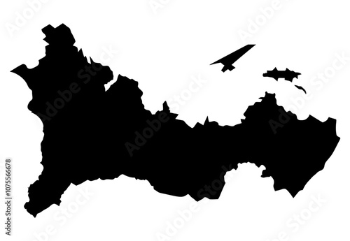 Abstract outline of a geographical landmass in solid black, creating a mysterious map silhouette. Generative AI.