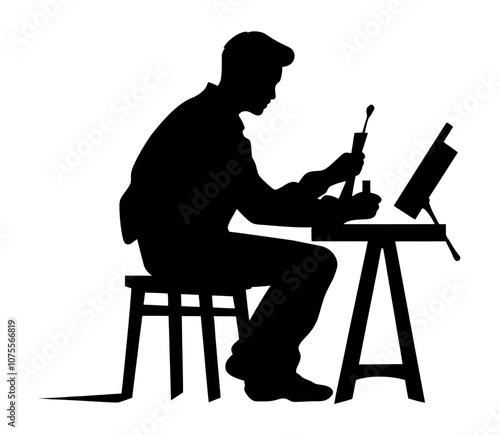 Silhouette of a man at a workbench, engaged in detailed craftsmanship or repair. Generative AI.