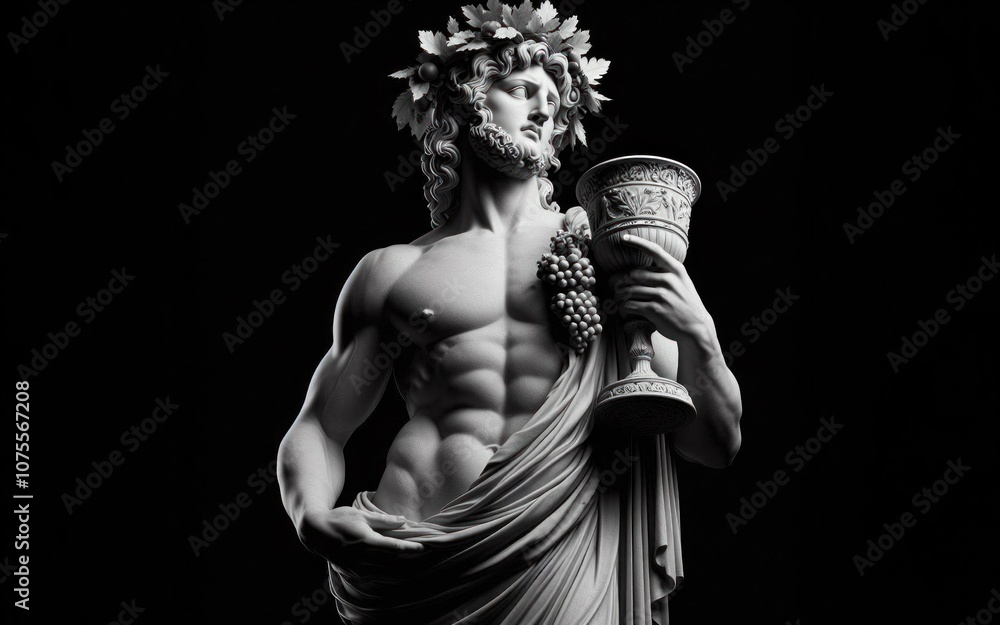 Dramatic black and white close-up of Bacchus statue showing intricate details of muscular torso, grape crown, and ornate goblet against dark backdrop Dramatic black and white close-up of Bacchus statue showing intricate details of muscular torso, grape crown, and ornate goblet against dark backdrop