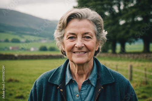 Close portrait of a smiling senior Irish female farmer standing and looking at the camera, outdoors Irish rural blurred background
